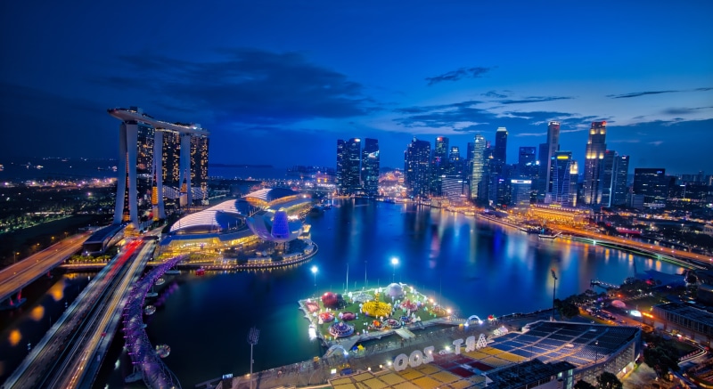 office building exterior, nature, building, city, dusk, water, night, sky, singapore 4k full hd, modern, cityscape, bay, high angle view, skyscraper