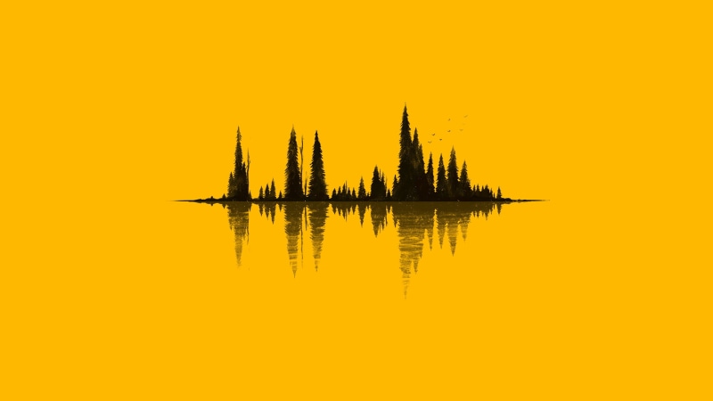 illustration, minimalism, 2K, beauty in nature, nature, plant, Firewatch, fft, purity, tree, trees, birds, yellow, water, idyllic, tranquility, copy space