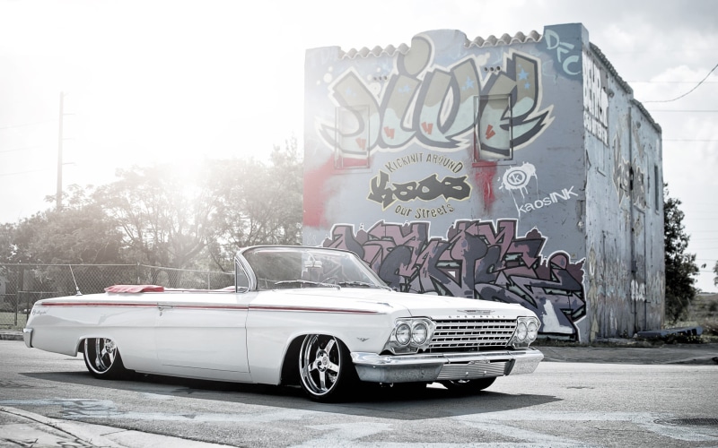 lowrider, white, motor vehicle, classic, Cabrio, Chevrolet Impala, car, nature, land vehicle, creativity, text, sky, art and craft, western script, building exterior
