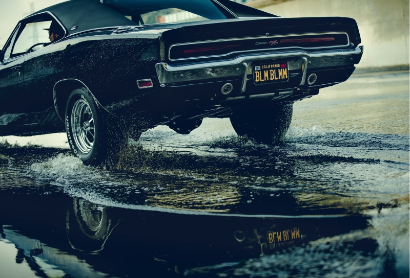 tire, water, wet, land vehicle, motor vehicle, reflection, waterfront, convertible, transportation, black cars, black, Dodge Charger, metal, close-up, mode of transportation