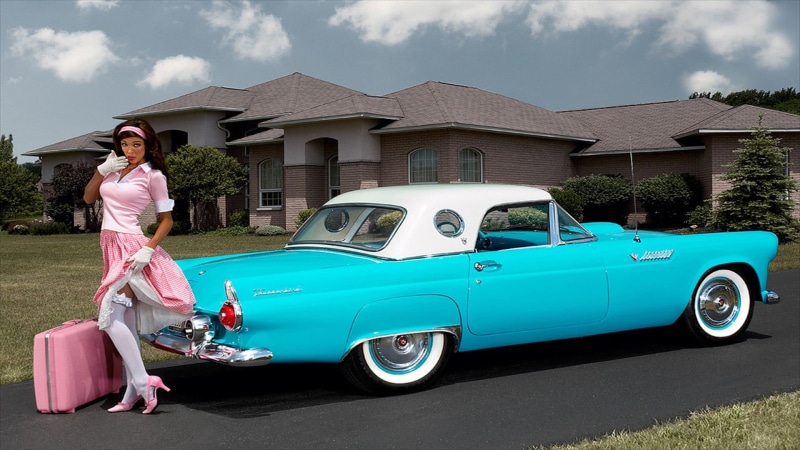 building exterior, motor vehicle, adult, 1080P, built structure, journey, coupe, Oldtimer, retro styled, day, car, convertible, pinup models, architecture