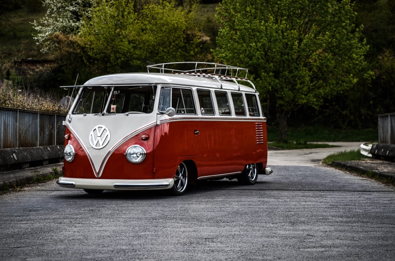 land Vehicle, retro Styled, stationary, vintage car, motor vehicle, day, white, obsolete, mode of Transport, road, transportation, T1, red, Volkswagen