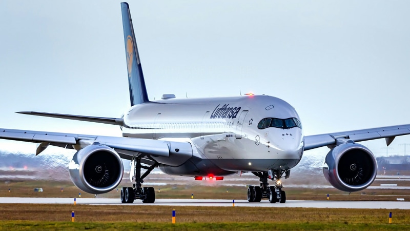 no people, airbus a350-900, engine, air vehicle, transportation, airport runway, outdoors, business, day, wheel, lufthansa, aircraft wing, mode of transportation