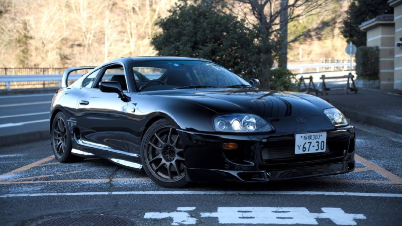 car, Toyota Supra MK4, vehicle, trees, JDM, Japanese cars, sports car, black cars, Toyota Supra, Toyota, 1080P