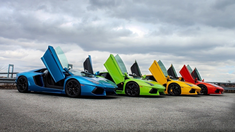 sports, transportation, choice, nature, four, cars, cloud - sky, in a row, Lamborghini, sport, motor vehicle, multi colored, no people, day, outdoors, sky