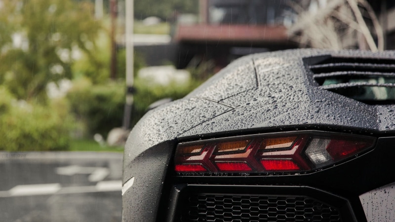 Lamborghini Aventador LP 750-4, mode of transportation, no people, land vehicle, metal, road, day, communication, water drops, black cars, close-up, black
