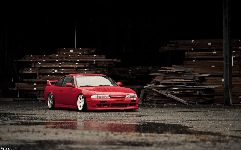 wood - material, car, garage, outdoors, nature, land vehicle, mode of transportation, road, Silvia, city, transportation, red, wet, Nissan, accidents and disasters