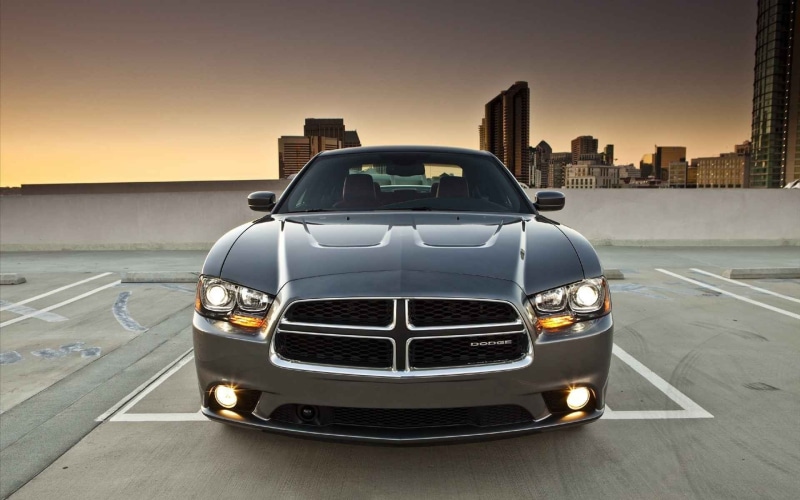1080P, no people, black, car, city, outdoors, urban skyline, illuminated, sunset, land vehicle, motor vehicle, Dodge Charger R/T, transportation, muscle cars