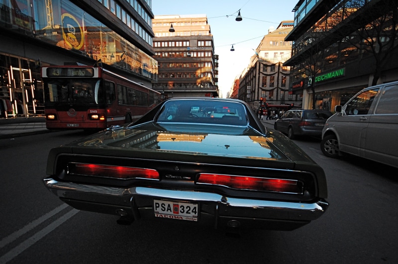classic, building exterior, day, sky, road, 2K, travel, car, city, motor vehicle, black, no people, transportation, land vehicle, Dodge, city street, city life