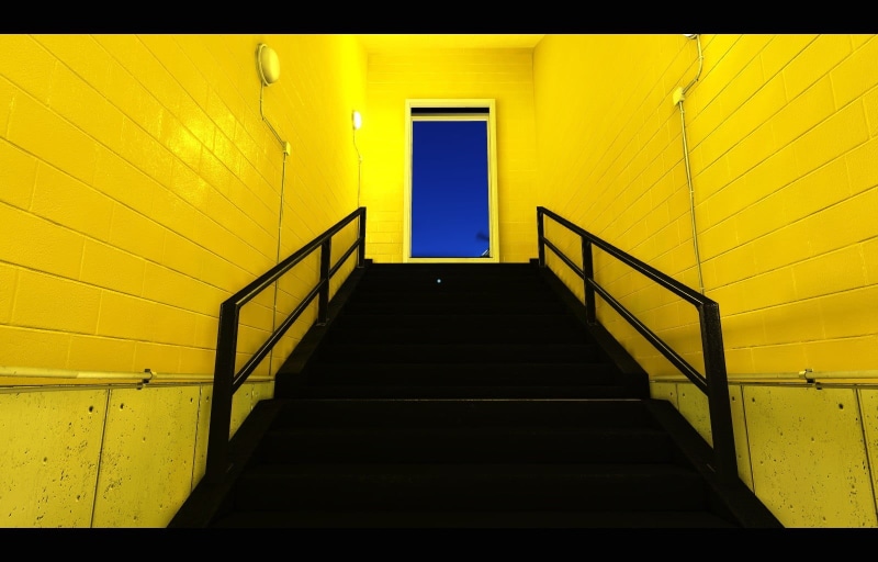 wooden, bed, absence, railing, yellow, entrance, staircase, no people, empty, indoors, door, wall - building feature, auto post production filter, low angle view