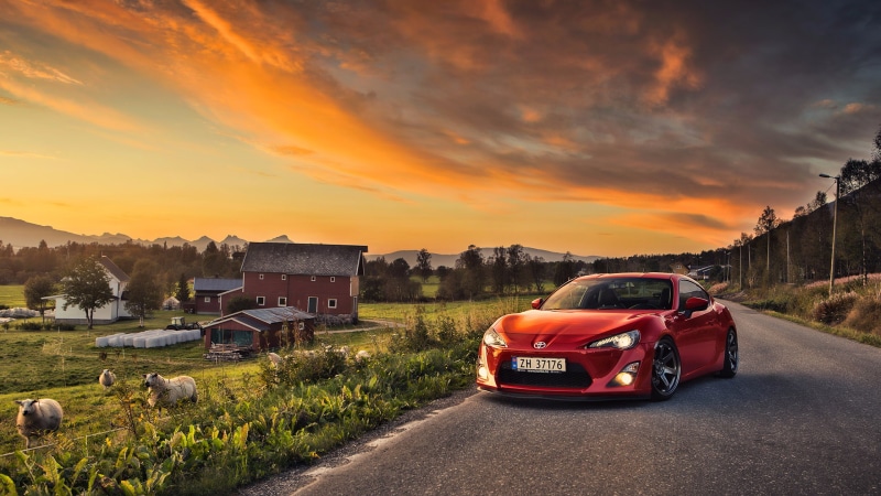 red cars, car, Toyota, farm, Toyota GT86, sheep, 1080P, GT86, sunset