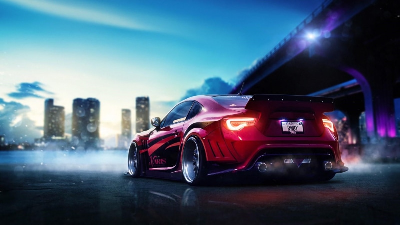 on the move, red, toyota, toyota gt86, mode of transportation, night, automotive design, car, sky, illuminated, architecture, 1080P, land vehicle, rain