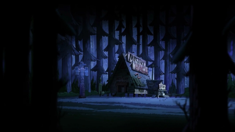 illuminated, built structure, blue, no people, spirituality, religion, outdoors, night, crt, tv, dark, black, silhouette, nature, building, belief, Gravity Falls