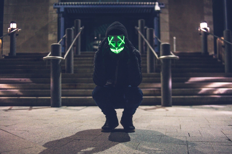 led, mask, casual clothing, night, obscured face, scary, canada, real people, standing, front view, wearing, crouch, city, banister, sleeve, hoodie, st. johns