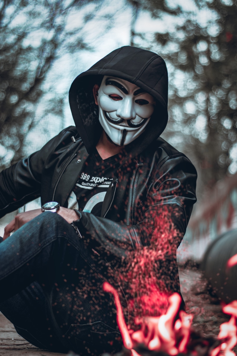 5K, human, one person, outfit, masked, flame, focus, landscape, watching, youth, casual, front view, fashion, young, bonfire, spooky, fashionable, man