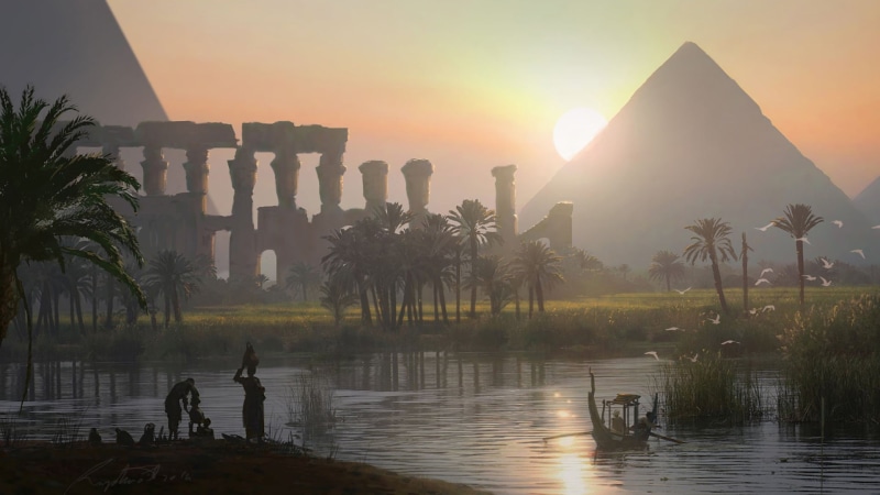 palm tree, real people, architectural column, sunset, history, travel destinations, river, plant, ancient, the past, water, lake, ancient civilization