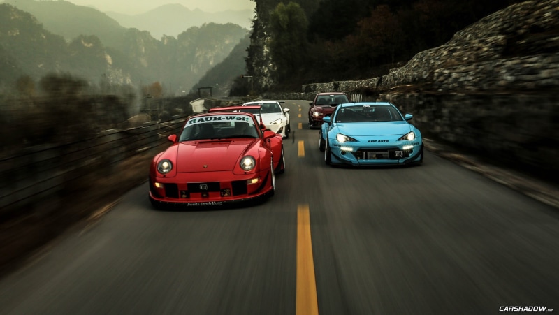 motor vehicle, Porsche, marking, no people, cars, city, Subaru BRZ, land vehicle, blue, motion, 1080P, road, road trip, blurred motion, Rocket Bunny, speed