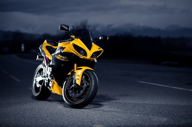 bike, transportation, road marking, car, city, dusk, black, 1080P, sports, tire, motion, motor vehicle, focus on foreground, land vehicle, Yamaha, asphalt