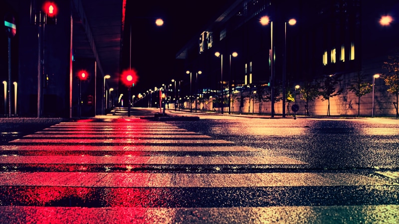 symbol, transportation, road, direction, lane, street light, rain, built structure, outdoors, night, pedestrian, city street, city life, city, building exterior