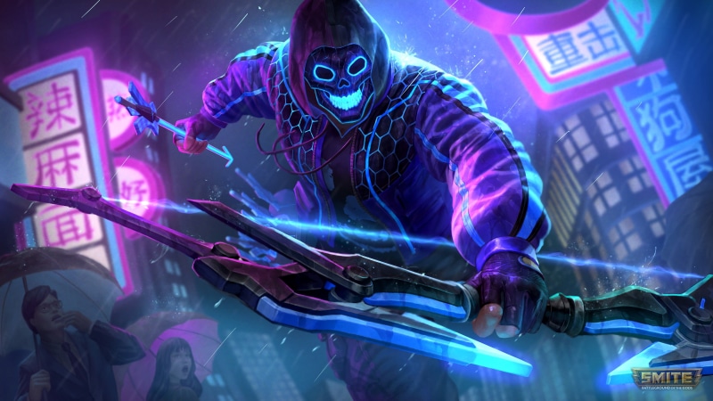 China, skin, Fortnite, blue, pink, neon, retro, pickaxes, skull, 4K
