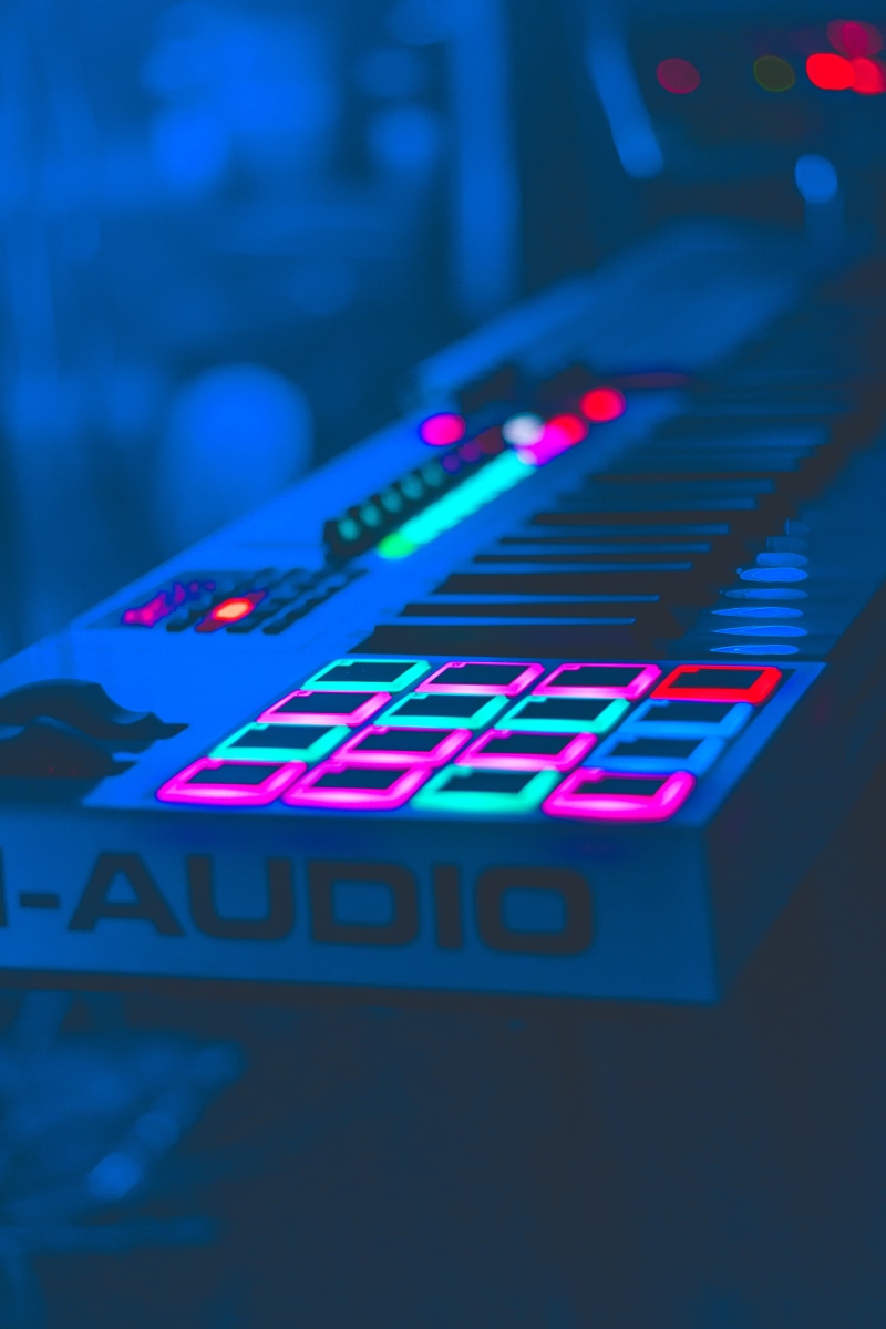 no people, m, praise, music, contemporary, technology, neon, light, selective focus, in a row, audio, buttons, indoors, blue, focus on foreground, 5K