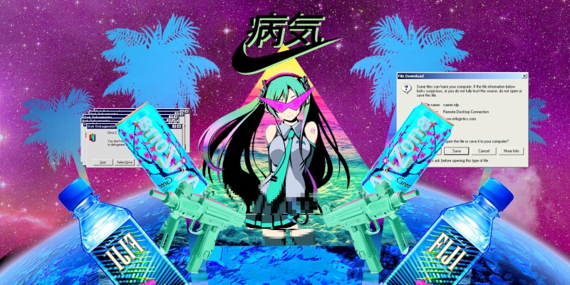 vaporwave, blue, representation, human representation, anime girls, windows98, creativity, male likeness, water, day, technology, indoors, art and craft