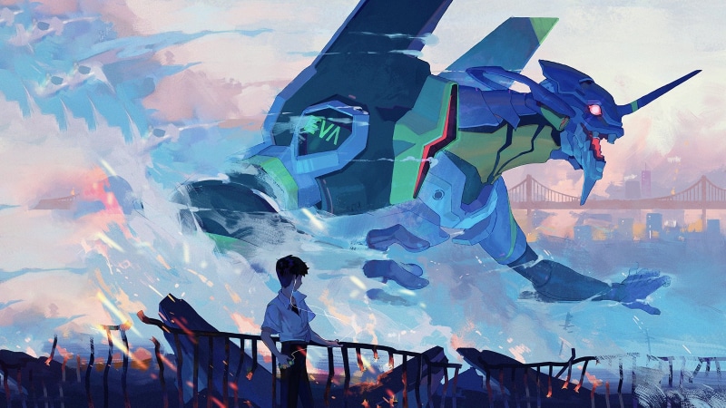 5K, Ikari Shinji, anime, clouds, EVA Unit 01, destruction, anime boys, Neon Genesis Evangelion