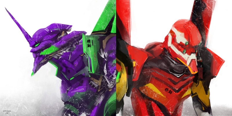 purple, simple background, Neon Genesis Evangelion, painting, multi colored, fan art, plastic, close-up, 1080P, costume, red, artwork, cold temperature