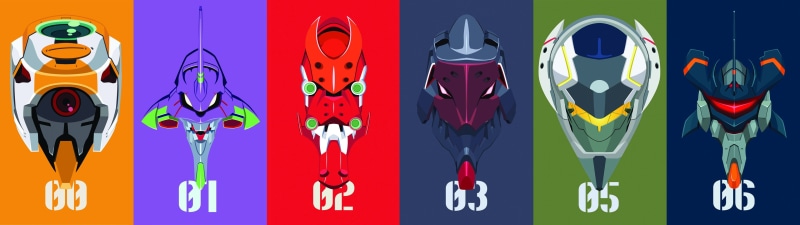 EVA Unit 01, 4K, minimalism, EVA Unit 03, EVA Unit 05, EVA Unit 02, Neon Genesis Evangelion, EVA Unit 00, Eva Unit 06, multiple display