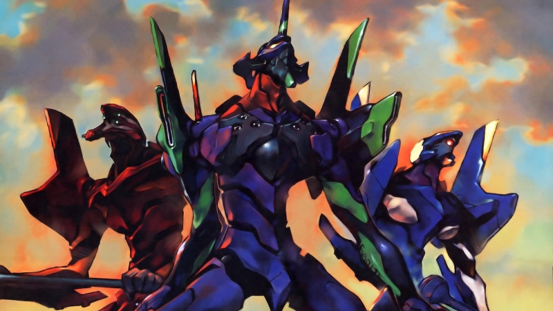 outdoors, celebration, blue, EVA Unit 02, nature, low angle view, robots, 1080P, representation, male likeness, anime, multi colored, day, sculpture, EVA Unit 00