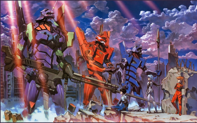 Neon Genesis Evangelion, EVA Unit 01, built structure, building, EVA Unit 00, event, sculpture, multi colored, clothing, EVA Unit 02, male likeness, alloy