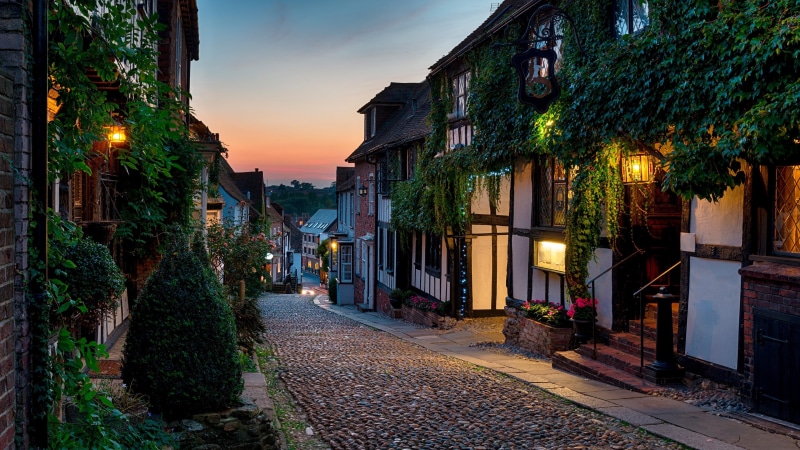 england, rye, mermaid st, 4K, road, houses, east sussex, gb, eu, evening, cobbles, dusk, cobblestone, mermaid street, united kingdom, sussex, europe, street view