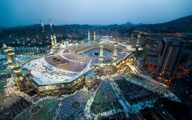 dusk, night, haram, outdoors, surrounds, city, office building exterior, kaaba, holiest, masjid, architecture, 4K, holy, sky, largest, city life, built structure