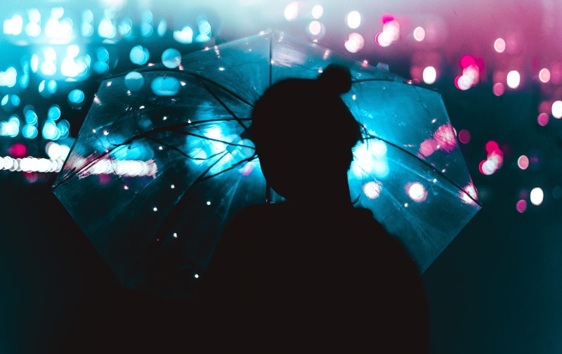 disco dancing, arts culture and entertainment, silhouette, one person, holding, night, dark, photography, translucent, umbrella, music, girl, 5K, multi colored