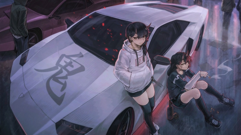 transportation, 1080P, outdoors, lifestyles, motor vehicle, anime girls, leisure activity, casual clothing, young women, car, glasses, high angle view