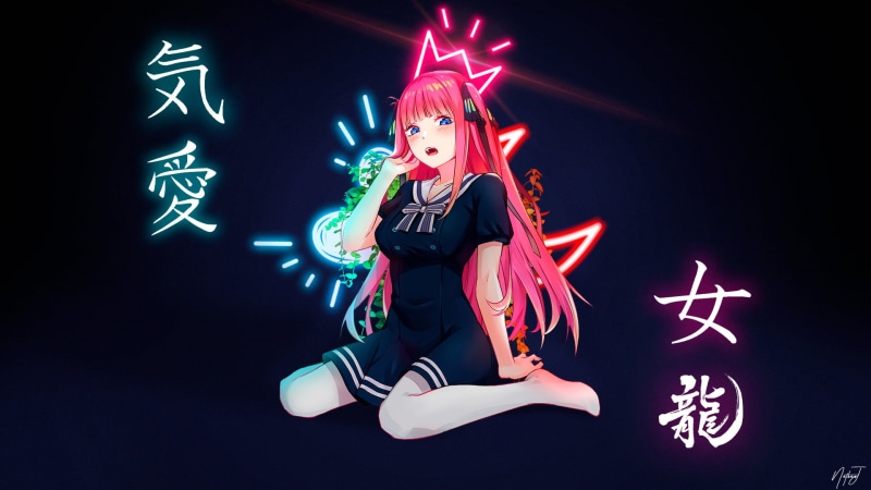 Nakano Nino, neon, 1080P, 5-toubun no Hanayome, studio, Studio Cutepet, anime girls, blue, Queen, kanji