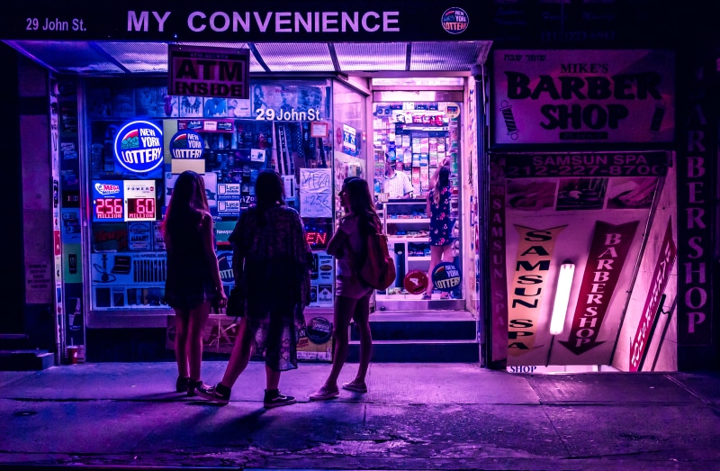 street, neon light, new York City, cyberpunk, women, convenience, mobileStock, storefront, night, people, nyc, woman, silhouette, business, neon, city