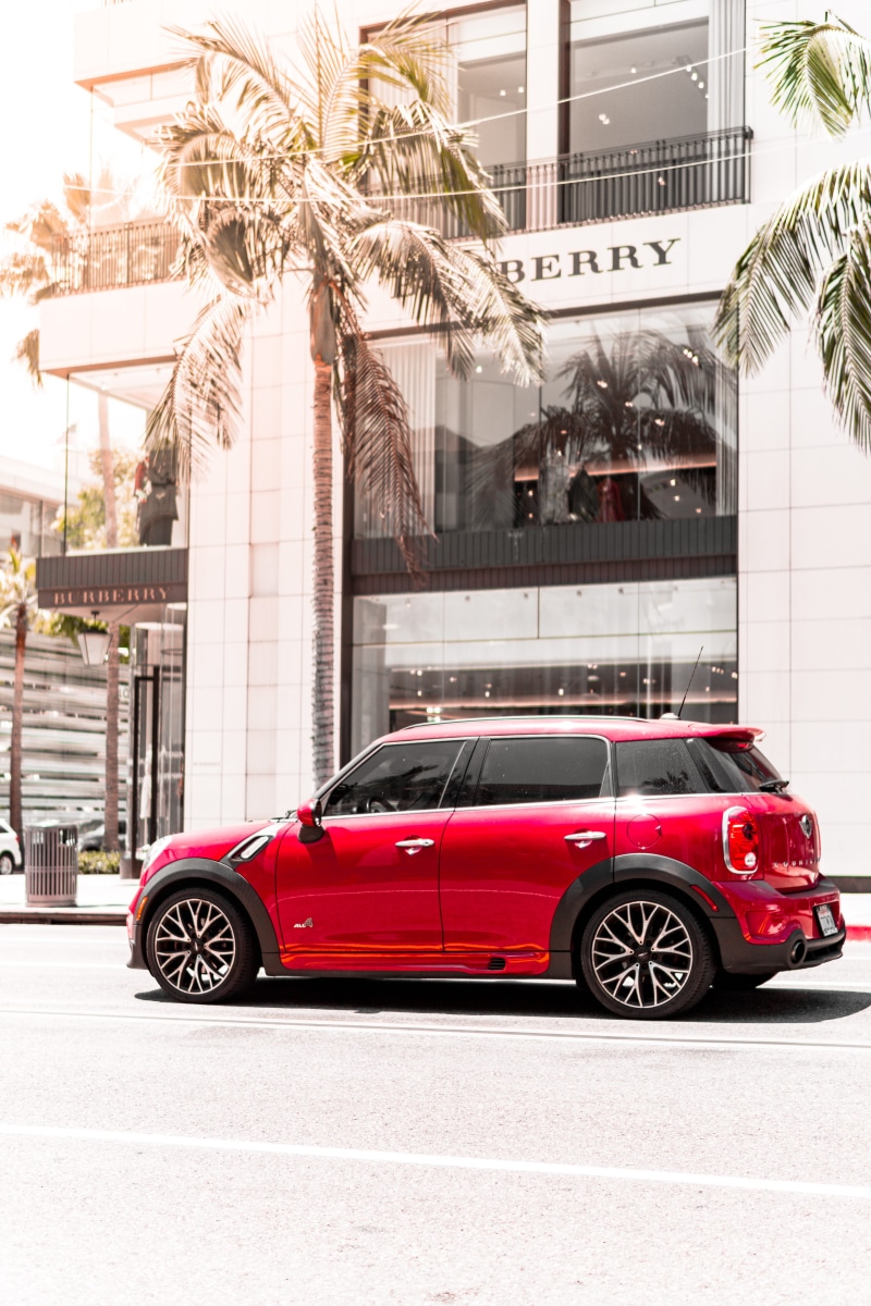 chrome, tropical, land Vehicle, traffic, clothing, speed, rodeo drive, mini cooper, mode of Transport, transportation, editorial, shop, cityscape, palm tree