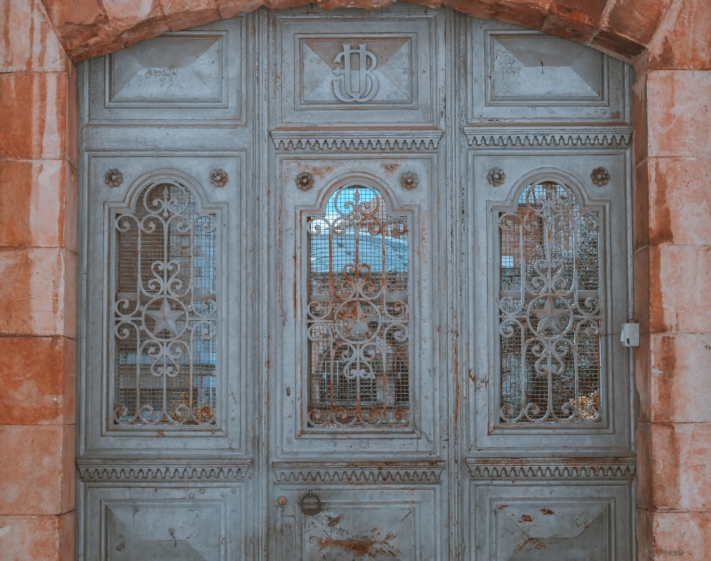 mural, travel destinations, door, ornate, closed, ceiling, outdoors, craft, pattern, 4K, teal orange, place of worship, the past, doorway, storefront