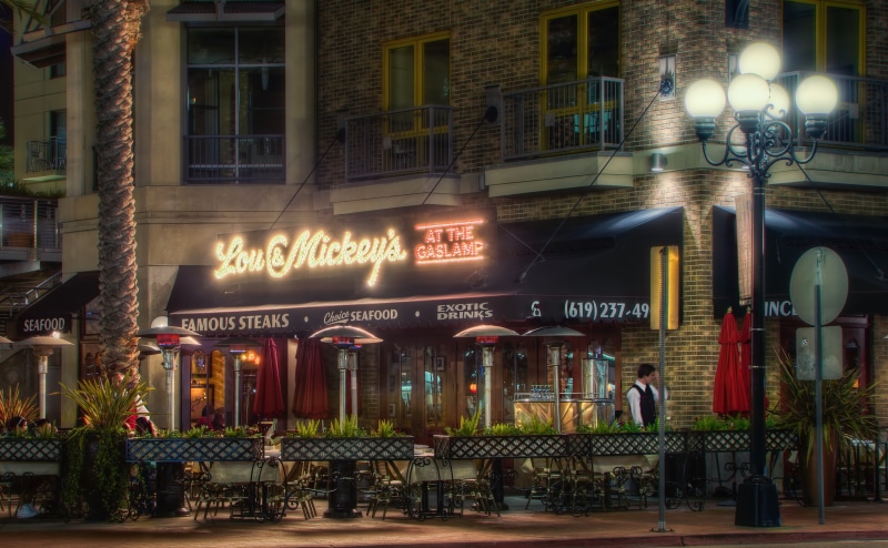 text, Gaslamp, Front, built structure, Lou and Mickeys, propane heater, advertisement, Outdoor, city, lit sign, architecture, building exterior, Restaurant