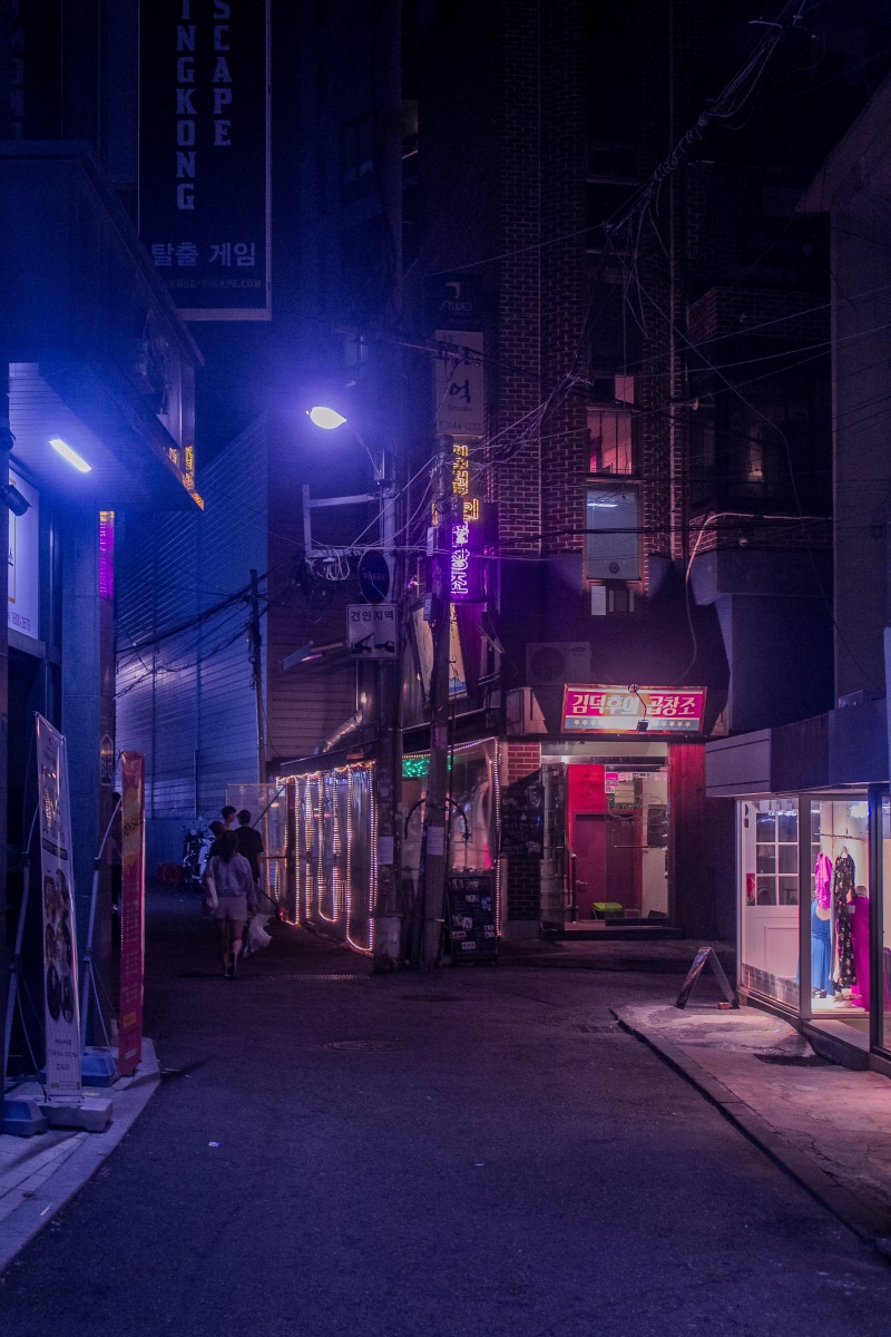 illuminated, street light, direction, urban, sign, road, city life, outdoors, group of people, south korea, architecture, city, 5K, people, store, power line