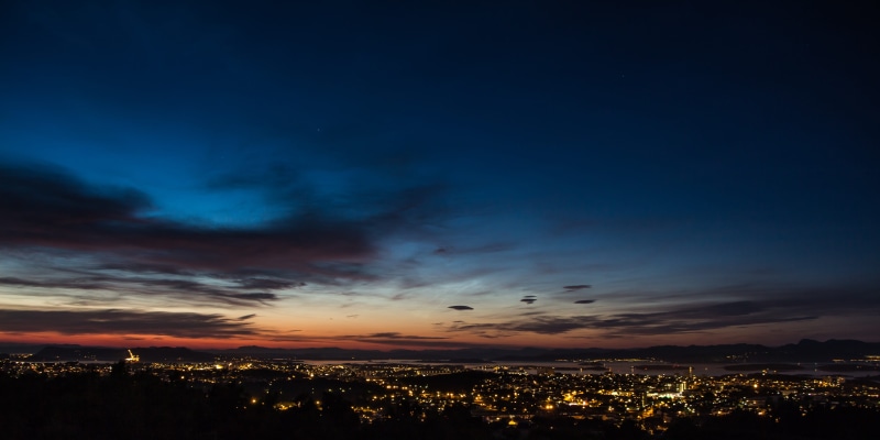 fjord, city, building, cloud - Sky, water, night, landscape, sky, stars, nice, view, 5K, time, built structure, residential district, outdoors, illuminated