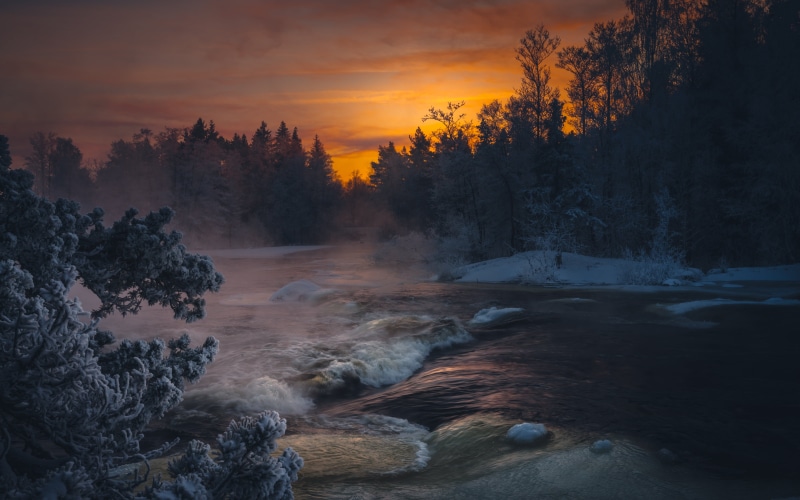 Langinkoski, evening, 5K, nikkor, kotka, 35mm, outdoors, painting, finland, kymi, water, winter, dark  river, nature, sunset, nikon  d600, river, forest