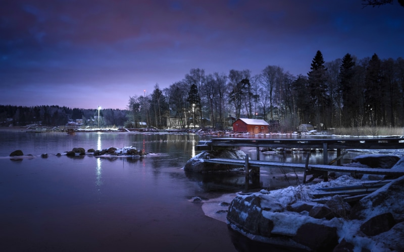 garden shed, garden, forest, water, wooden, near, reflection, body of water, finland, night, outdoor, winter, outdoors, kotka, evening, landscape, tree