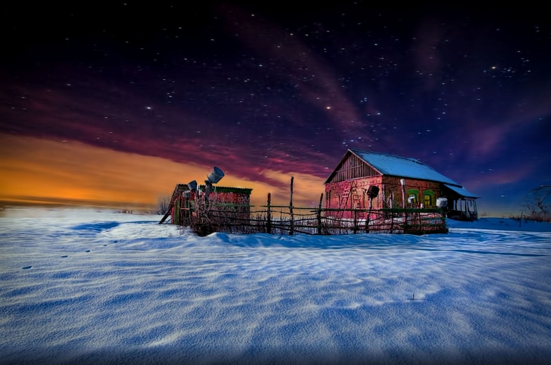 nature, snow, paint, sky, wooden, star - Space, starry night, Winter, white, white ground, sunset, buildings, starry, Evening  brown, composite, shed, house