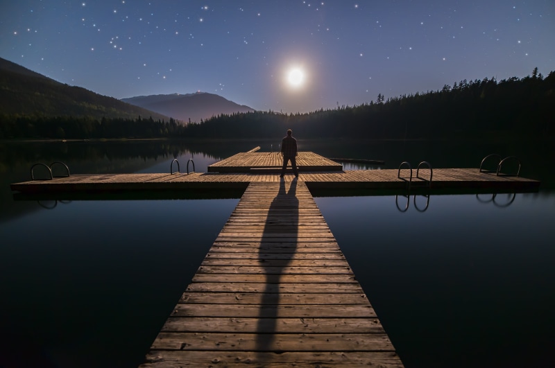 water, scene, man, silhouette, scenics, outside, rear view, wood - material, extreme, one person, human, purple, twinkle, leisure activity, lake, looking at view