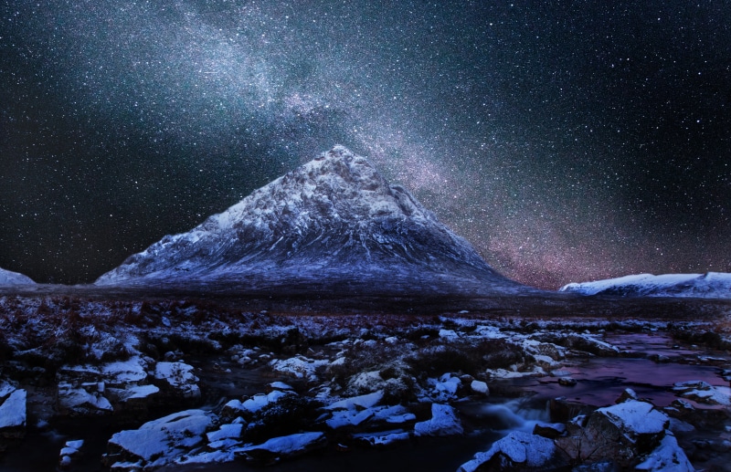 mountain, winter, Scotland, night time, photo, dark, covered, Milky Way, galaxy, landscape, night, astrophotography, snow, star - Space, Buachaille Etive Mor