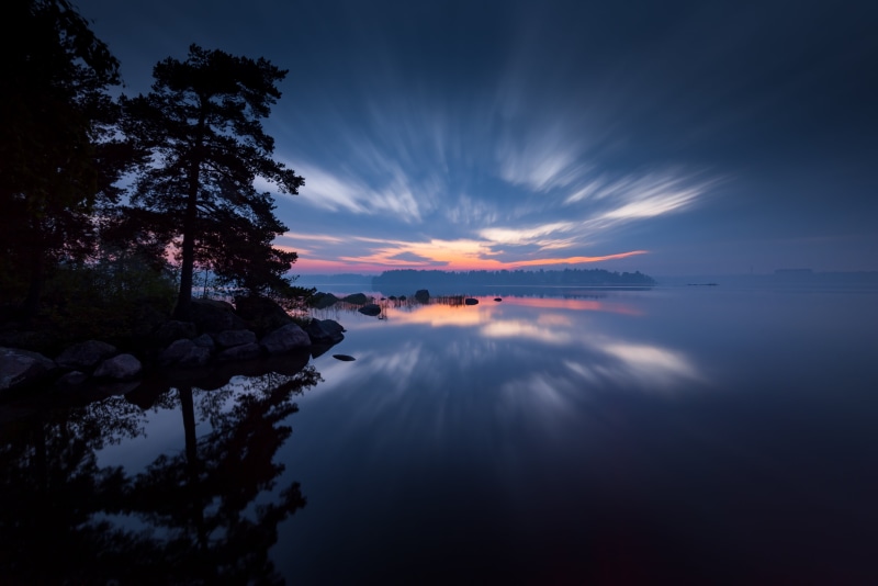 beauty In Nature, dusk, black and gray, reflection, silhouette, skies, tranquil Scene, sunset, water, 5K, finland, blue, lake, Dawn, nikon  d600, black
