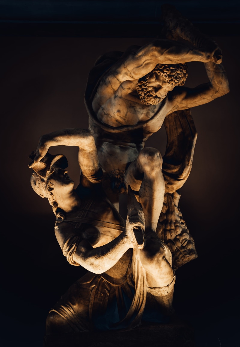 architecture, spooky, bone, statue, horror, 4K, creativity, dark, roman, sculpture, brown, fear, two, fighting, no people, history, stone, art, black background