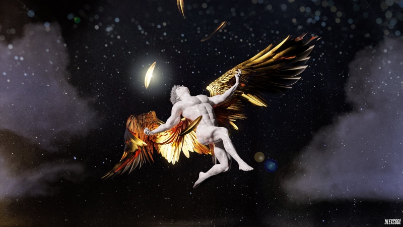 Ancient Greek sculpture, Blender, mythology, DAZ, digital art, Daz 3D, marble, minimalism, gold, flying, Greek mythology, sculpture, 3D graphics, feathers
